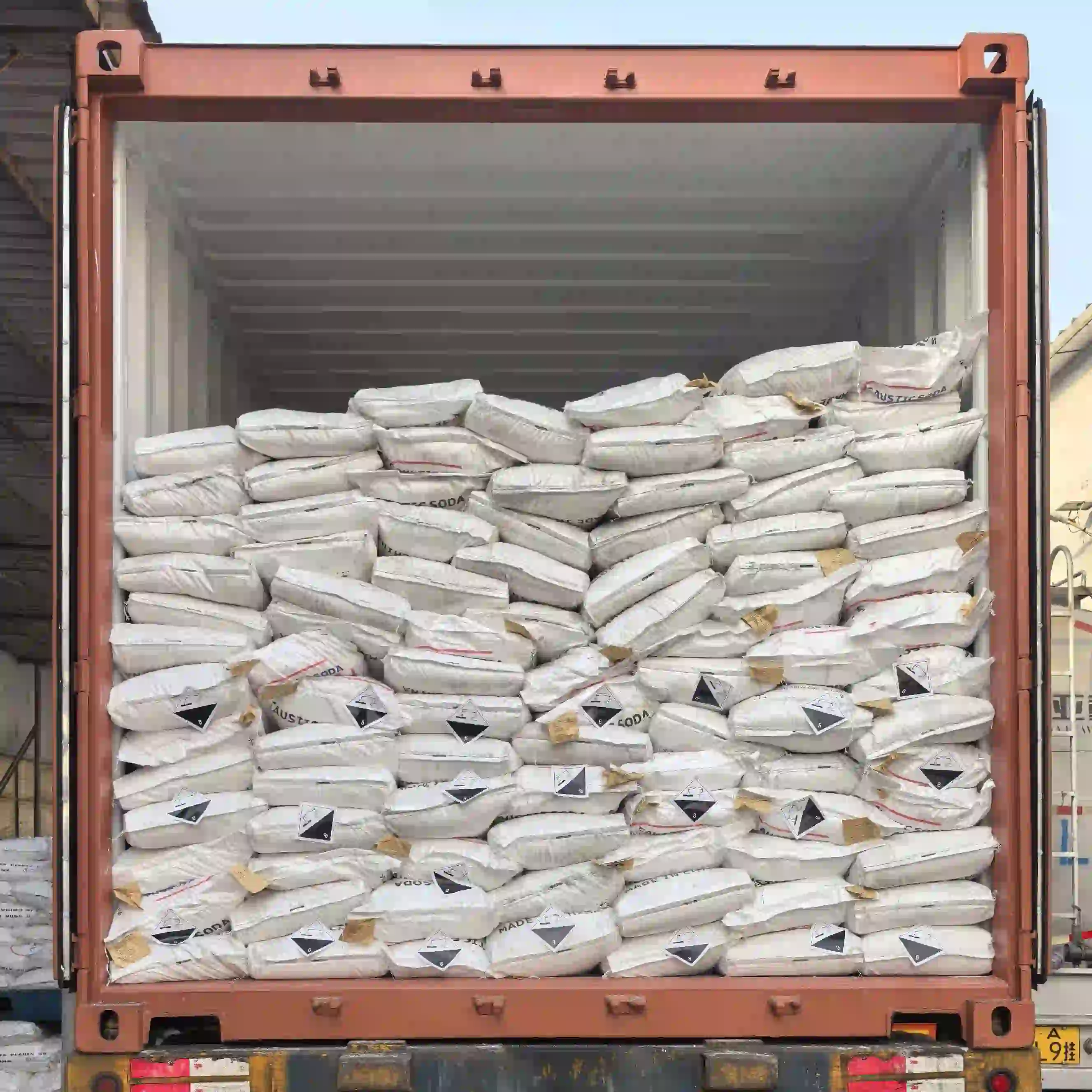 A fully loaded export container (FCL) packed with chemical bags, ready for shipping from Qingdao and Tianjin Port.